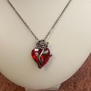 Red Heart & Rose Pendant Necklace - Women Jewelry